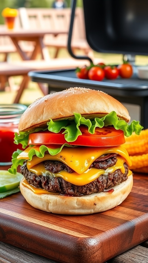 Juicy 80/20 Hamburger Recipe A juicy hamburger with lettuce, tomato, and cheese on a toasted bun, served outdoors.